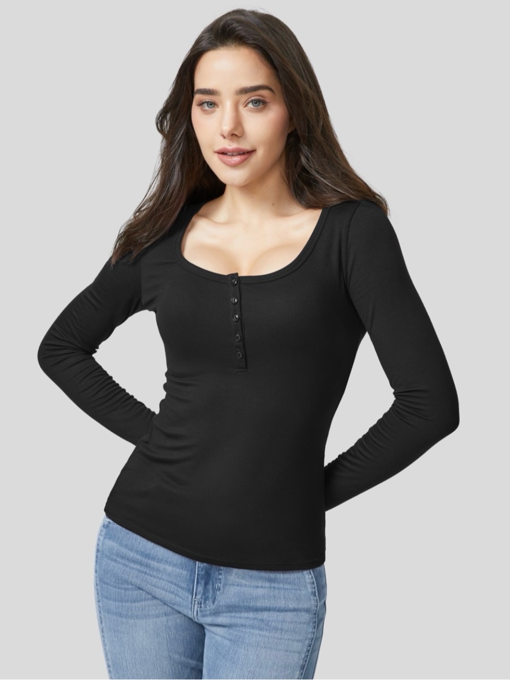 HALARA Black Henley Scoop Neck Long Sleeve Tee | Size Small | Super Soft NWT